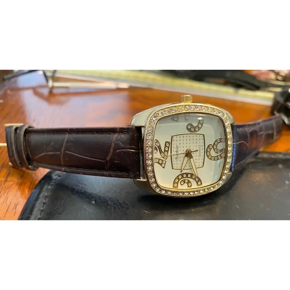 Women's Gold Tone Sophie Watch, Rhinestone Bezel, Brown Band